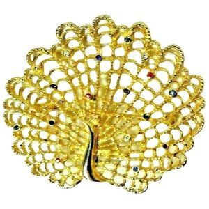 Gold Tone Peacock Brooch Fashion Pin Rhinestones 2.5 x 2-in Vintage 60s Gift